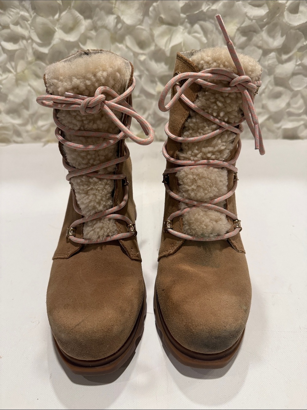 Sorel Tan Suede Winter Boots with Pink Laces